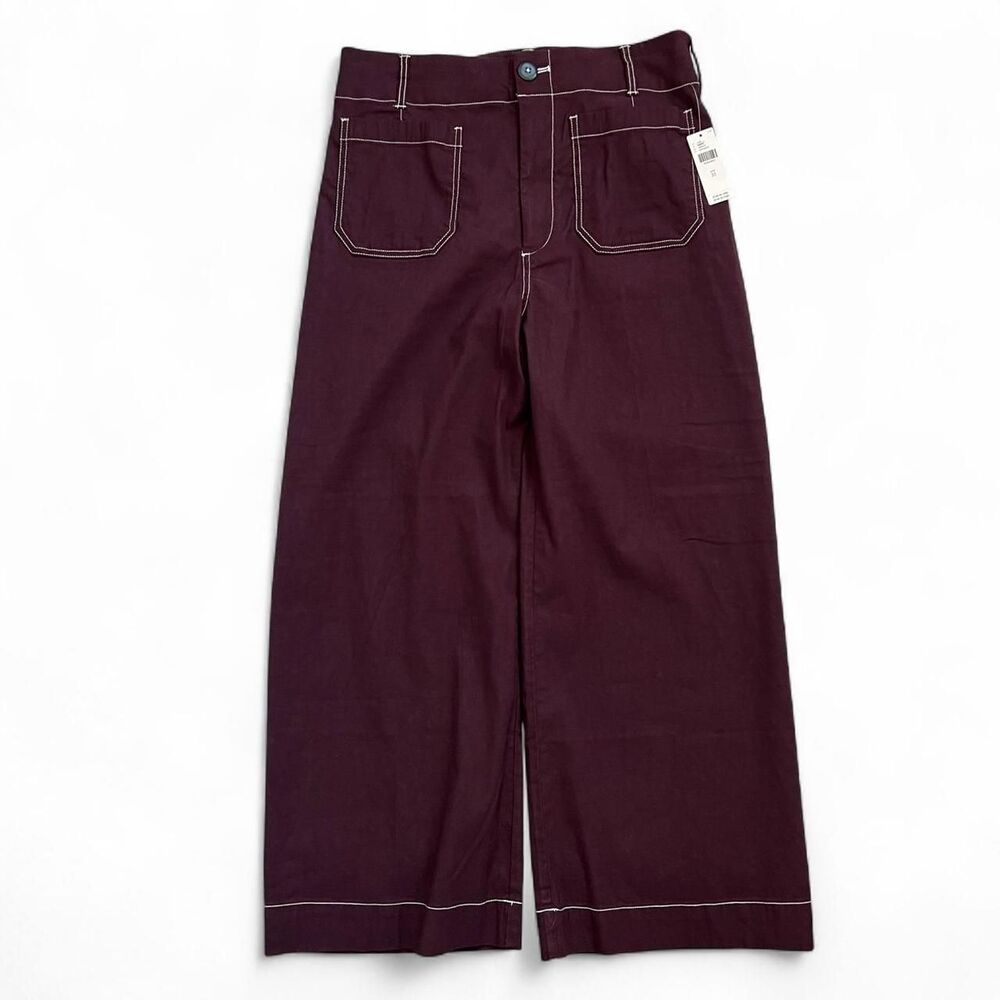NWT Anthropologie The Colette Cropped Wide-Leg Pants Maeve Linen Brown Purple 31